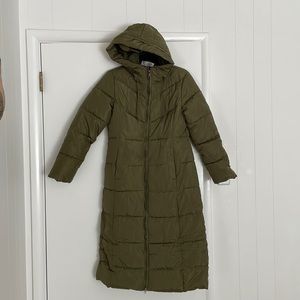 Full length olive puffer winter coat